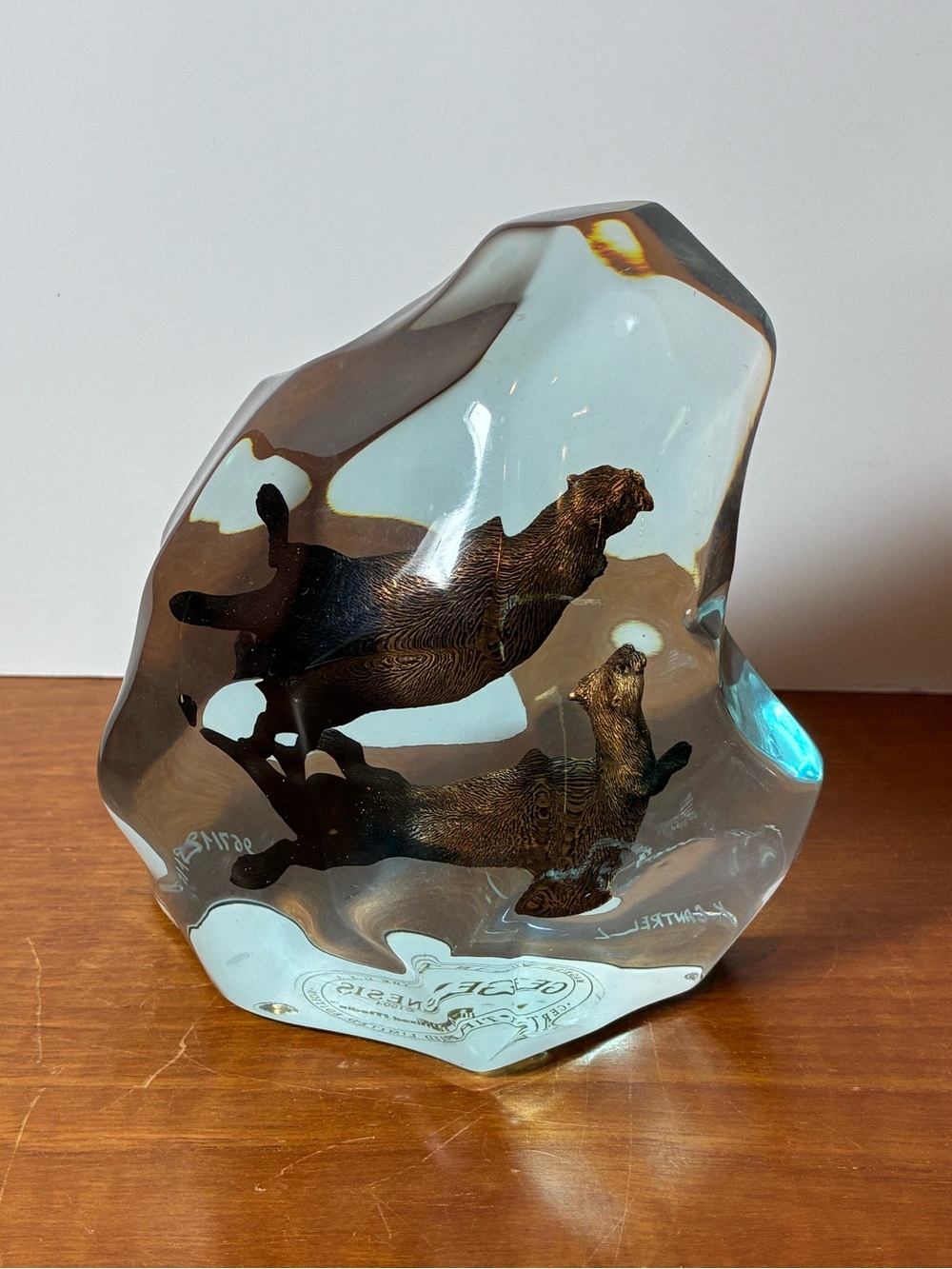 Vtg Kitty Cantrell "Genesis" Lucite and Bronze Sea Otters Sculpture